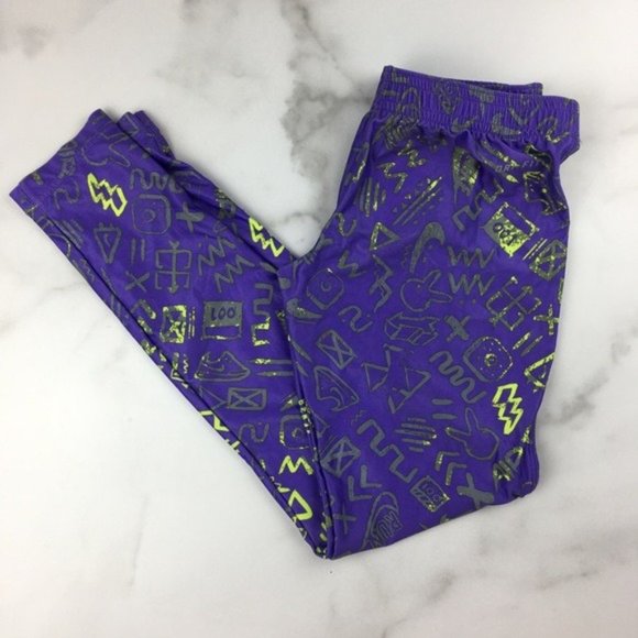Nike Girls Leggings Purple & Neon Yellow Print S - Picture 2 of 3